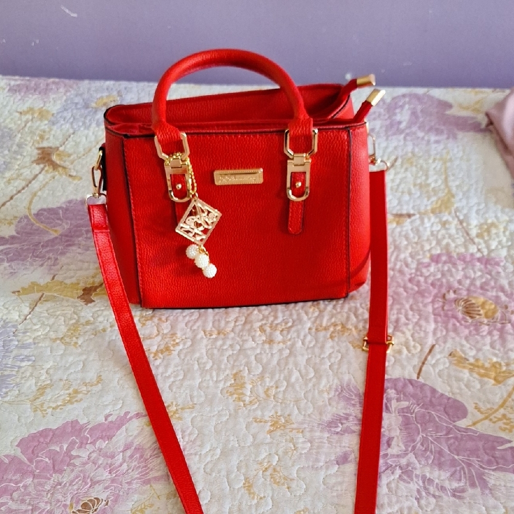 Red and Gold Structured Satchel with Versatile Straps